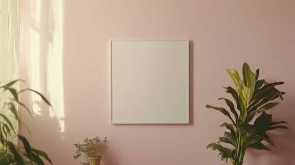 Minimalistic White Blank Canvas Frame on Soft Pink Wall Ideal for Artwork and Decoration in Contemporary Interior Spaces