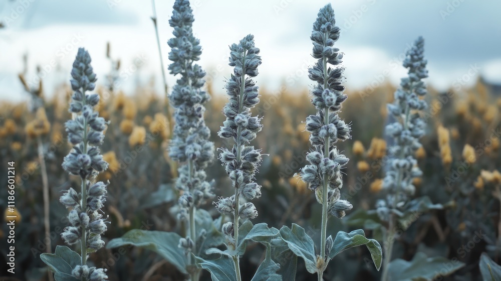 Poster silver mullein flowers in a vibrant field with soft bokeh background beautiful botanical scene in na