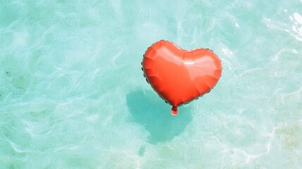Fototapeta premium Valentine's Day at a tourist resort, a red heart-shaped balloon floats in the turquoise water of the pool
