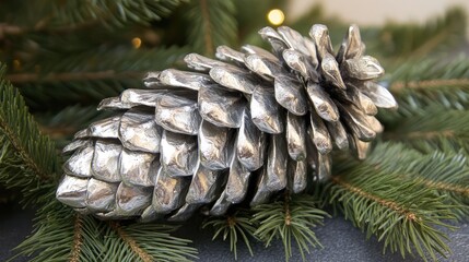 Silver pine cone decoration resting on green pine branches creating a festive atmosphere for the Christmas season.