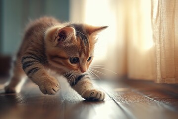 Cute kitten playing on the floor, sunlight shining through the window onto it, close-up shot of its head and paws, warm colors, soft lighting, shallow depth of field, cute expression, playful movement