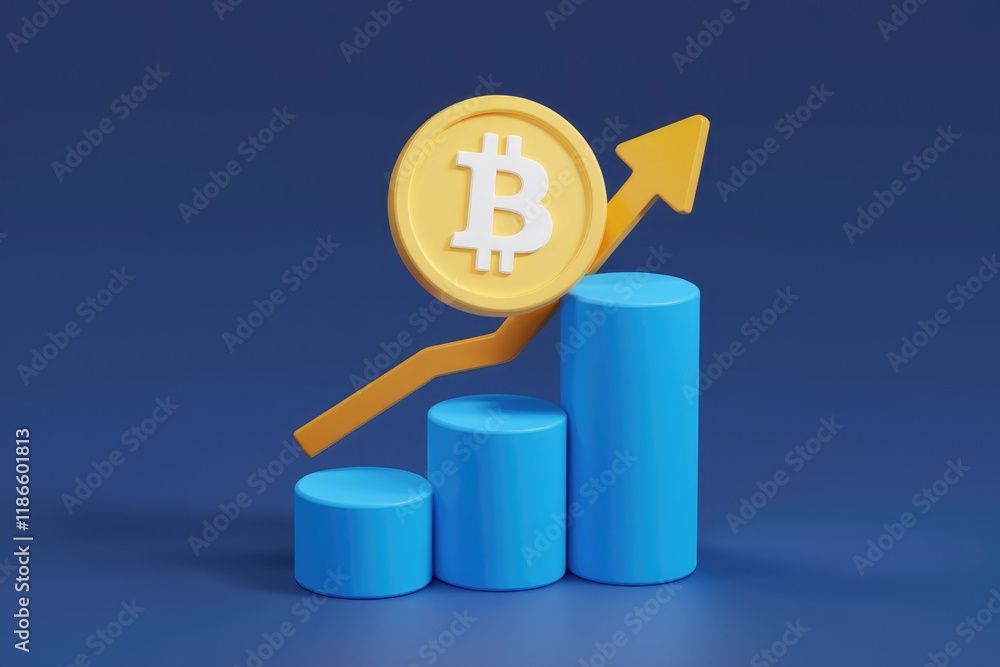 Poster Bitcoin price rising steadily, shown on a 3D bar graph with an upward trending arrow.