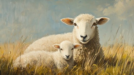 Fototapeta premium A Mother Sheep and Her Lamb Resting in a Field