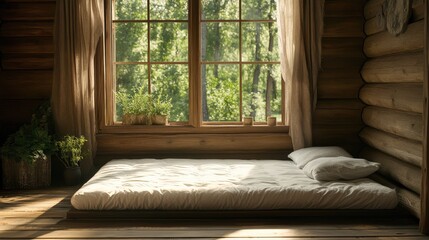 Fototapeta premium Cozy mattress beside a large window in a rustic wooden cabin with natural light and greenery outside
