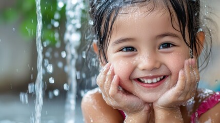 Obraz premium Happy Child Playing in Water with Bright Smile and Joyful Expression