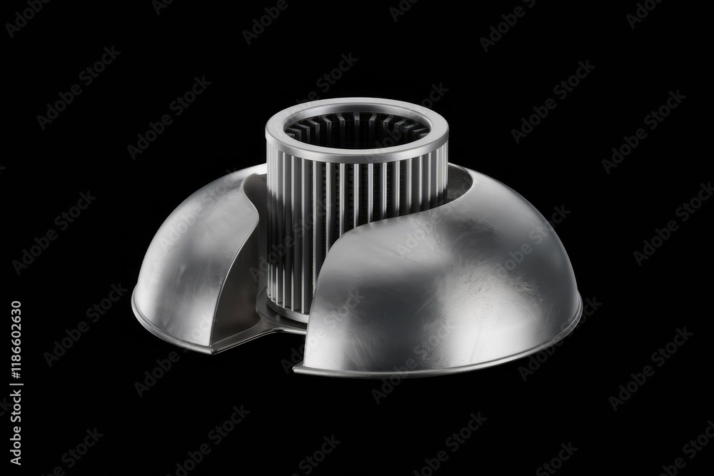 Poster A metallic mechanical part with a cylindrical core and a unique curved base.