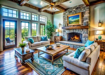Rustic Living Room: White & Light Blue Walls, Distressed Wood Coffee Table, Stone Fireplace - Aerial View