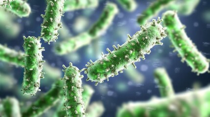 Fototapeta premium Microscopic view of beneficial bacteria thriving in a healthy environment, symbolizing the importance of microbiome balance in maintaining overall well-being.