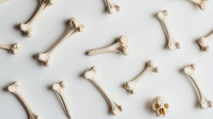 assorted animal bones and skull arranged on a white background for medical or artistic concepts