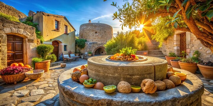 Rustic Italian Village Feast:  Eleousa, Rhodes, Greece -  Large Stone Cistern & Bountiful Food