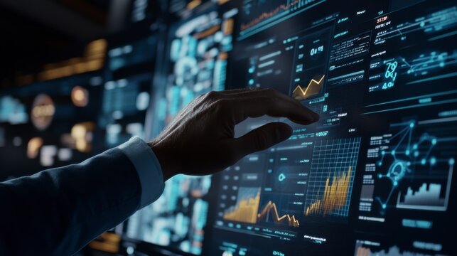 Data Analysis in Progress: A close-up shot of a hand interacting with a futuristic holographic interface, analyzing complex data streams visualized through vibrant charts and graphs.