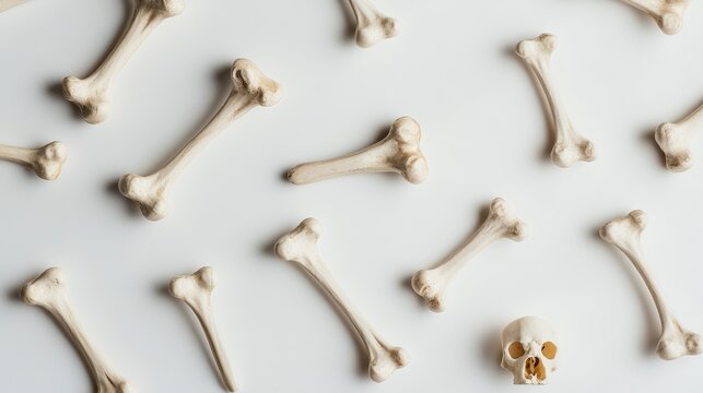assorted animal bones and skull arranged on a white background for medical or artistic concepts