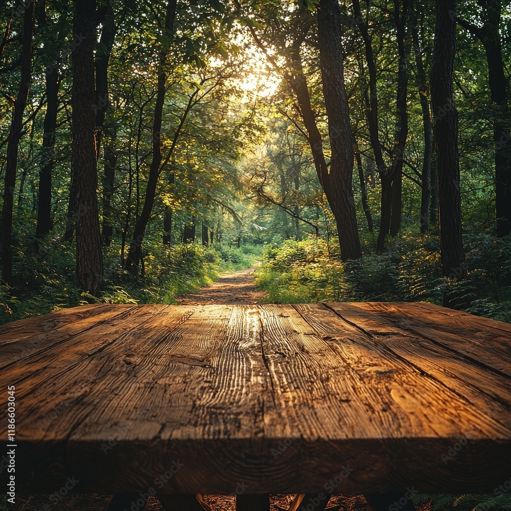 Poster empty wooden table in a sunlit forest. ideal for product placement displaying nature-related items o
