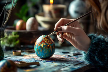 An artist meticulously hand-painting an ornate egg, surrounded by a rustic workshop setting, highlighting the detailed craft of traditional egg decoration.