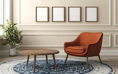 Fototapeta premium Cozy living room with armchair, coffee table, and artwork. Ideal for interior design websites