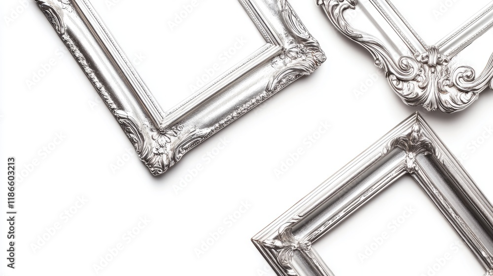 Poster Elegant silver picture frames arranged artistically on a pristine white background showcasing intricate details and classic design elements.