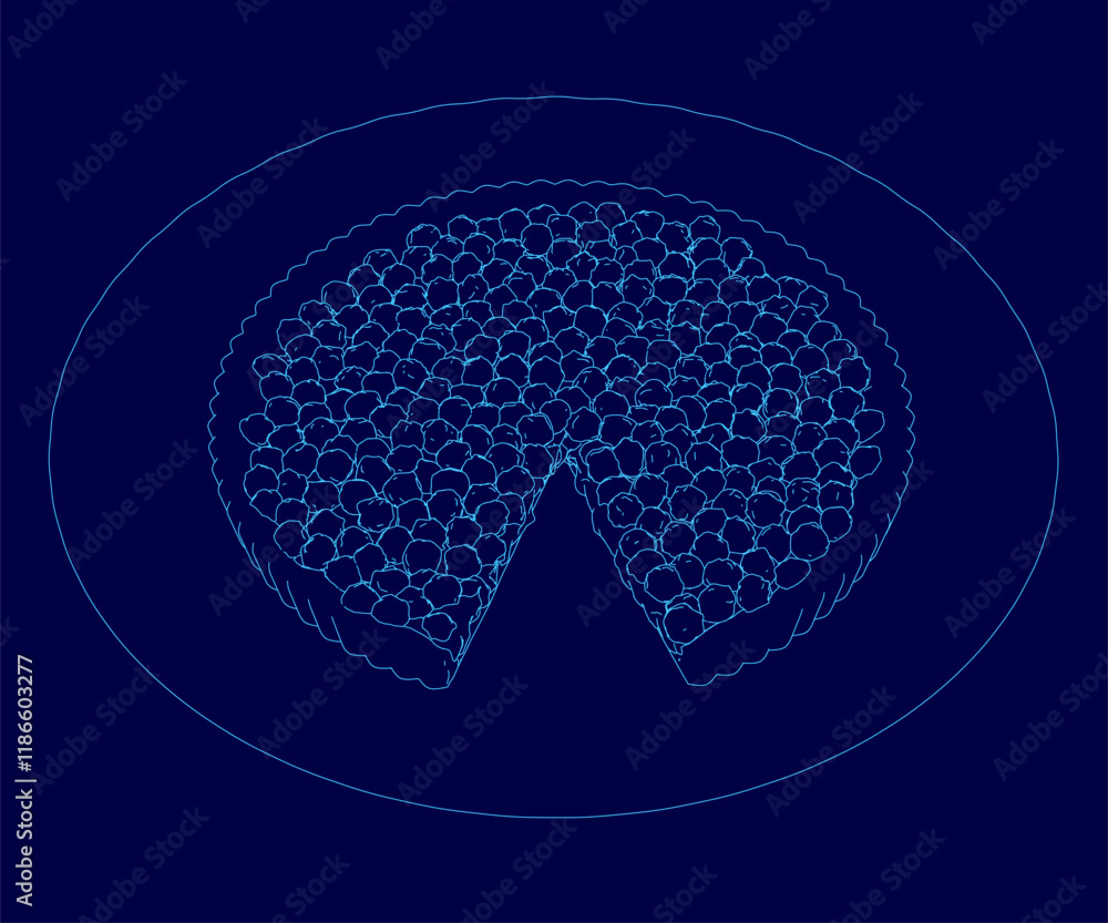 Poster blue image of a pizza with a slice missing. the pizza is surrounded by a blue circle, and the slice 