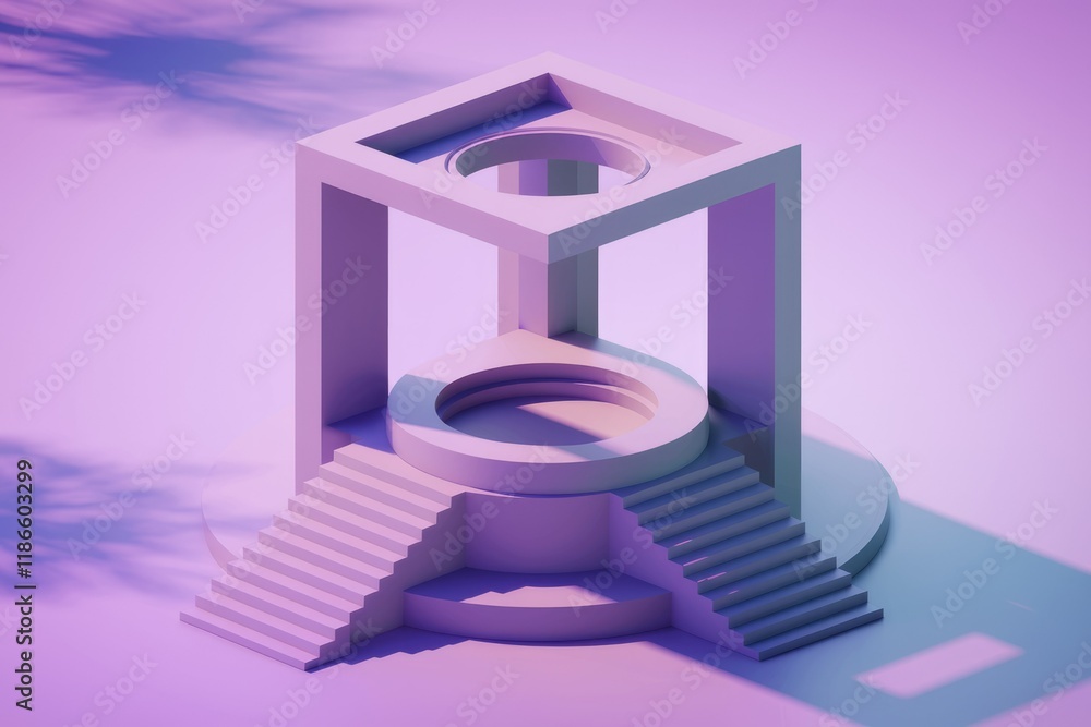 Fototapete Abstract 3D rendering of a minimalist geometric structure with stairs and platforms, evoking a sense of serenity and modern architecture.