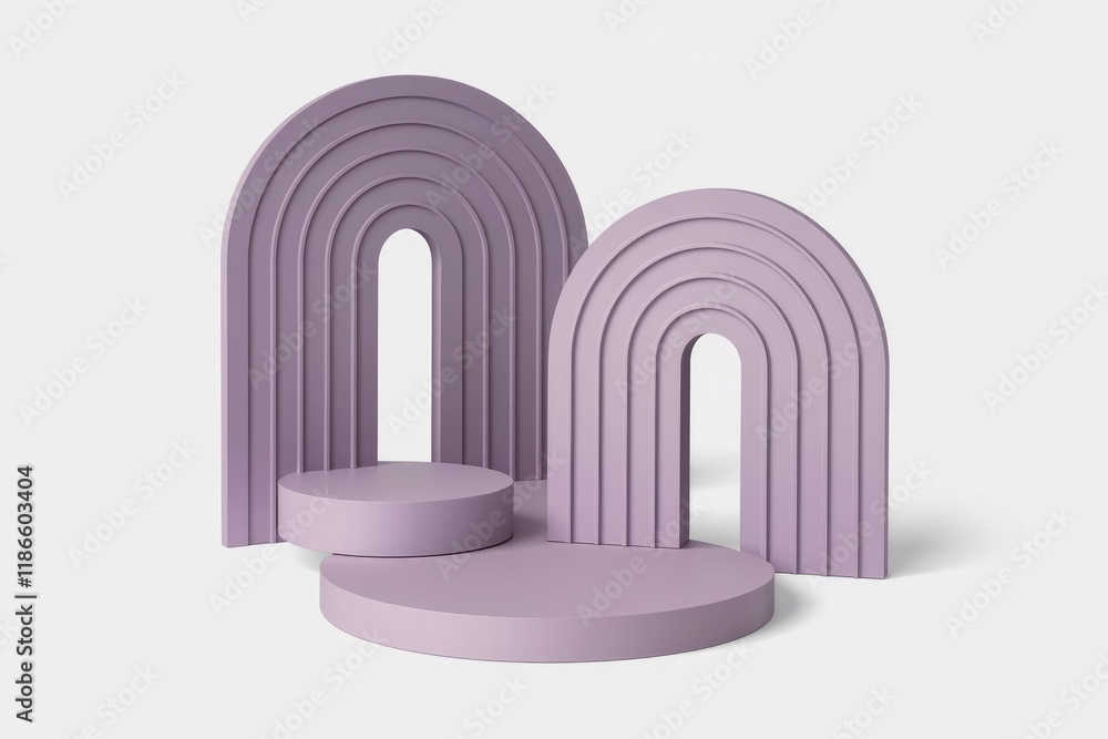 Poster abstract lilac archways with tiered platforms create a minimalist, elegant display.