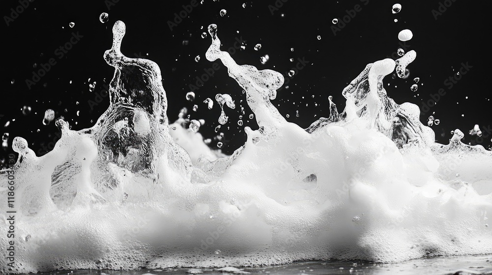 Poster monochrome sea wave splashing with dynamic water foam and droplets creating a dramatic oceanic scene