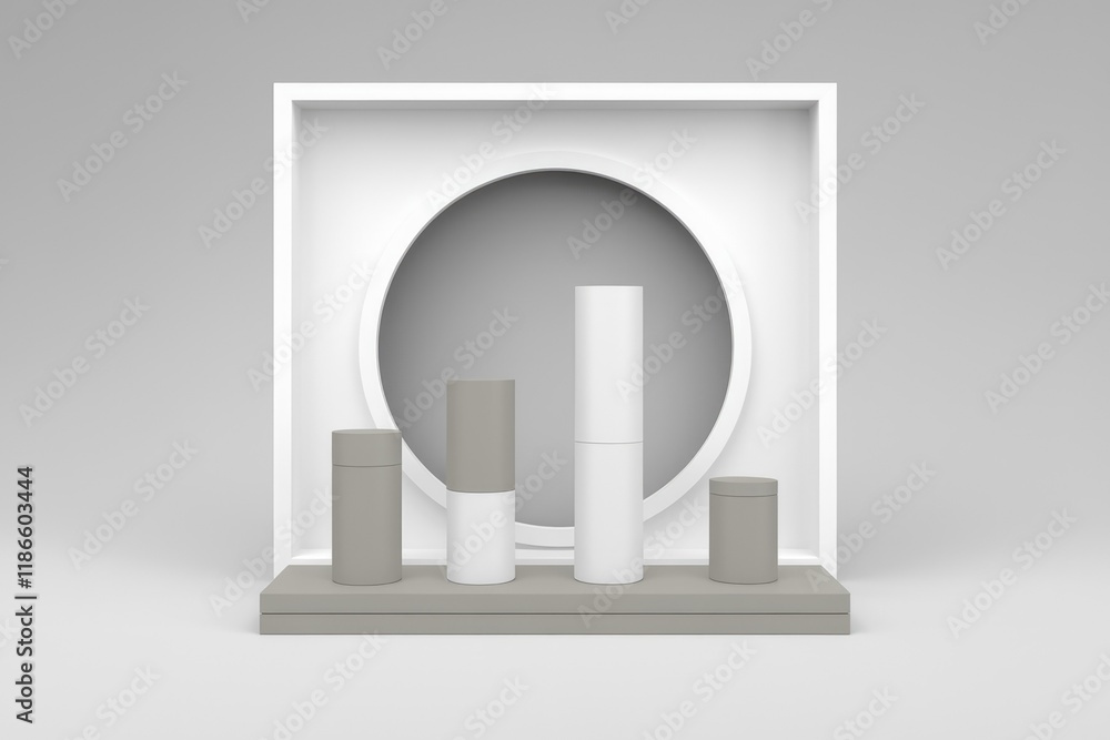 Aufkleber Minimalist product display showcasing skincare containers with a circular backdrop.