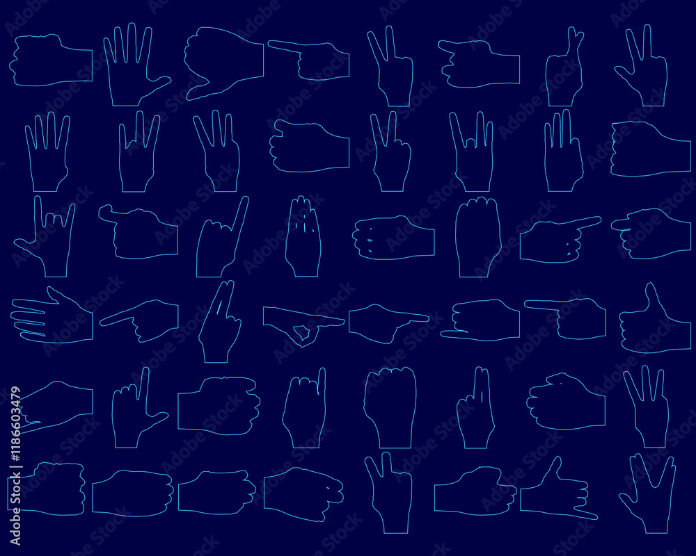 Poster blue background with many hand drawings of fingers and thumbs. the hand drawings are in various size