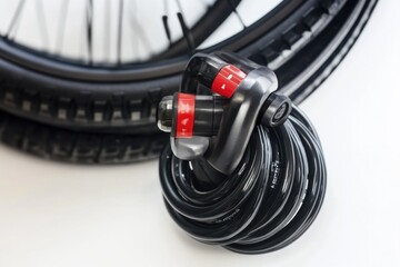Naklejka premium A close-up view of a bicycle tire with a cable connected, suitable for illustrating cycling or repair concepts