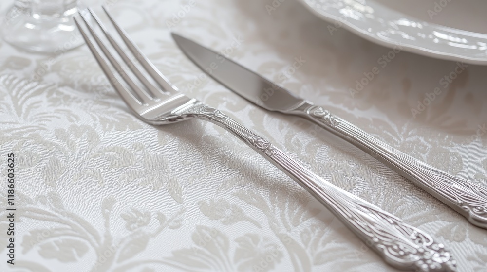 Poster elegant silver knife and fork resting on a white damask linen tablecloth with shallow depth of field