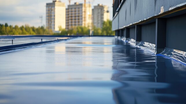 Seamless waterproof elastomeric polymer membrane on building rooftop protecting against rain and negative water pressure during installation