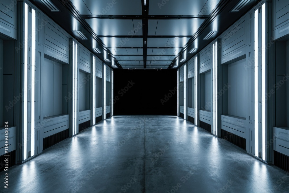 Poster futuristic corridor with sleek metallic walls and glowing neon lights, creating a modern, sci-fi atm
