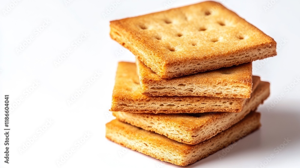 Poster Crispy rusks stacked on white background ideal for breakfast or snack concepts emphasizing texture and simplicity.