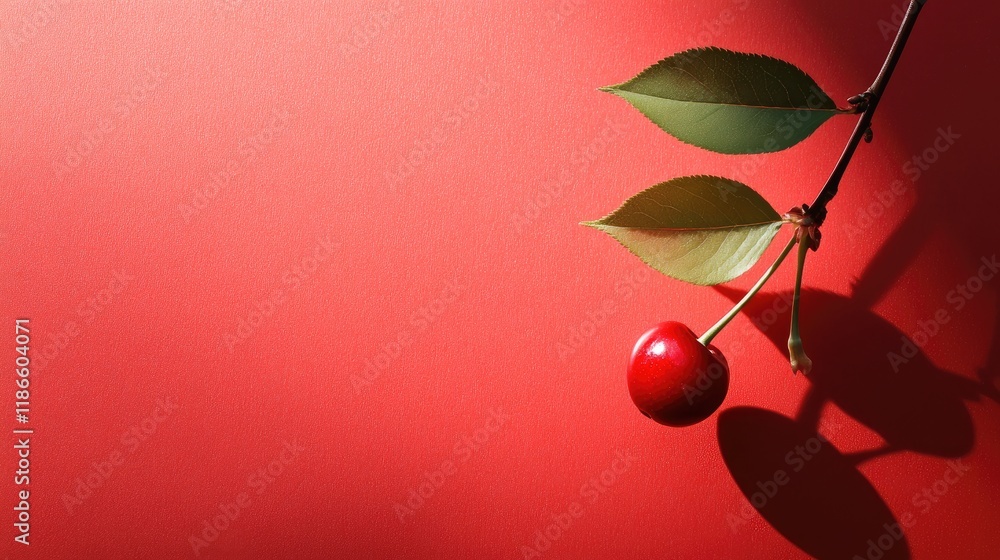 Poster Vibrant cherry on branch with leaves isolated against a striking red background creating a bold and appealing visual composition