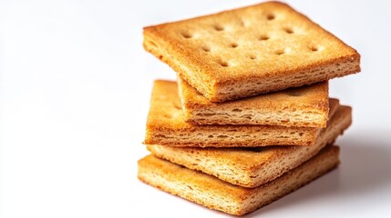Fototapeta premium Crispy rusks stacked on white background ideal for breakfast or snack concepts emphasizing texture and simplicity.