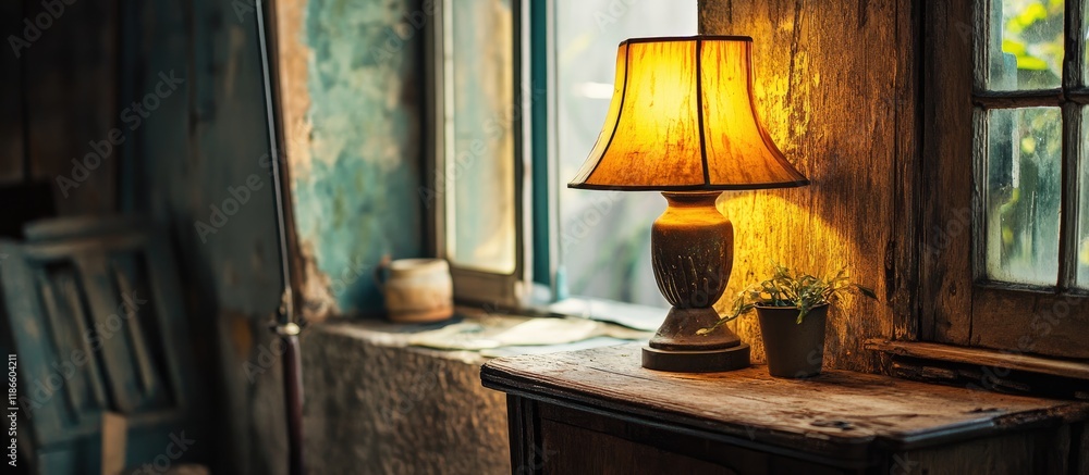 Poster rustic lamp casting warm glow in vintage room creating nostalgic atmosphere with weathered textures 