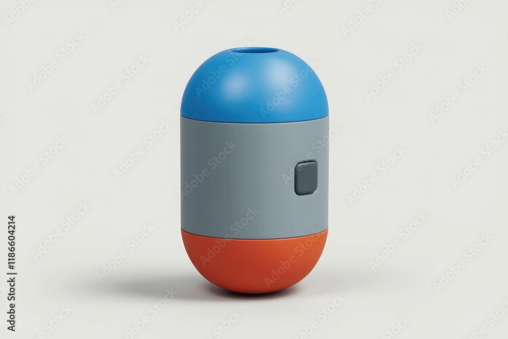 Poster a compact, three-colored capsule-shaped device with a single button.
