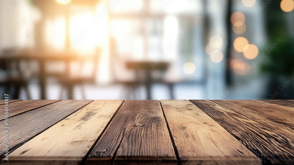 Poster rustic wooden tabletop showcasing a blurred background with warm bokeh lights creating a cozy and in