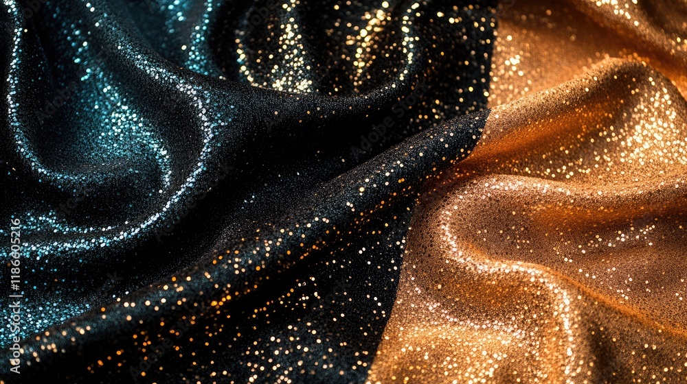 Poster silk fabric texture with shimmering sequins in black gold and bronze tones creating an elegant and l