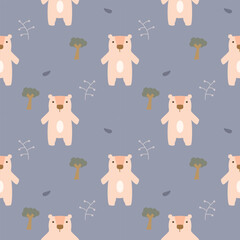 Pink bear cartoon so cute. On tree leaf background. Pattern seamless vector illustration. 