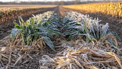 Frost-covered young plants in agricultural field.