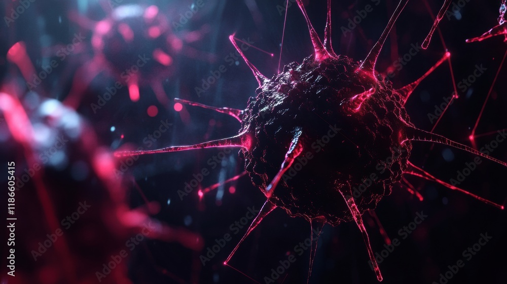 Poster detailed 3d visualization showing the structure of a virus with complex spikes and rna strands glowi