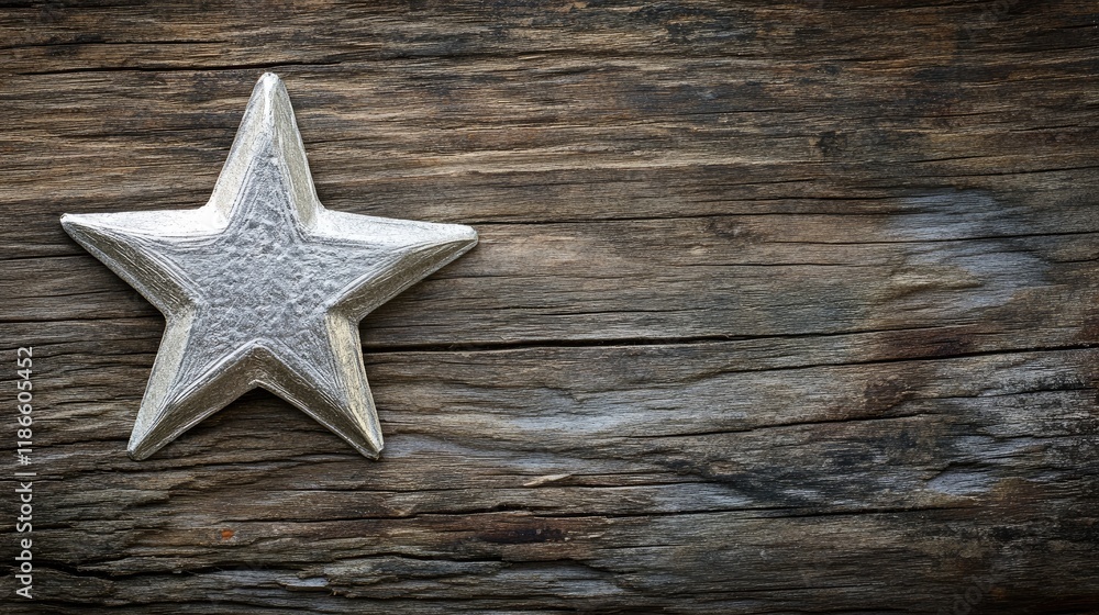 Aufkleber silver star ornament on rustic wooden background with ample copy space for text or design elements
