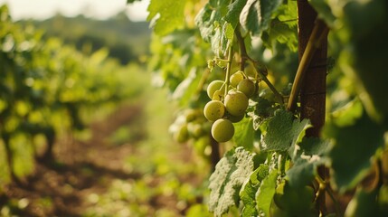Green fruits growing on a vine surrounded by lush foliage in a vibrant agricultural landscape highlighting freshness and vitality of growth
