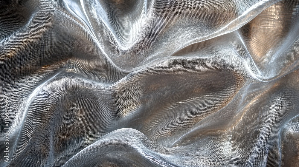 Poster elegant silver metallic mesh fabric draped in soft waves with a glossy sheen creating a classic and 