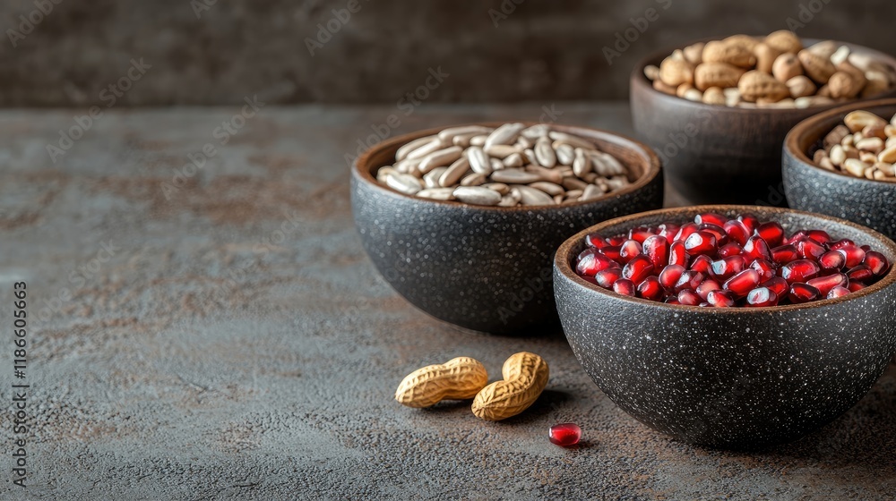 Poster bowls of nutritious sunflower seeds nuts peanuts and pomegranate on rustic background healthy superf