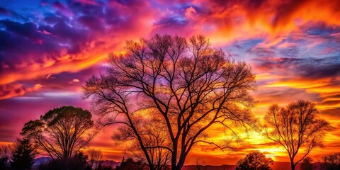 Serene Sunset Double Exposure: Silhouette of Trees and Vibrant Sky