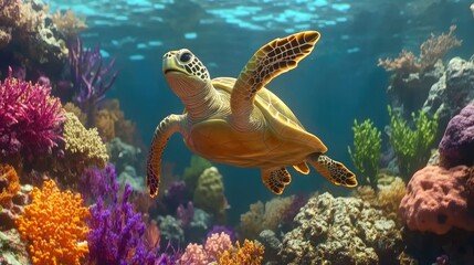 Sea turtle swimming gracefully over vibrant coral reef in clear tropical waters