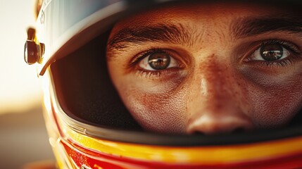 Intense Close-Up of Young Race Car Driver in Protective Helmet