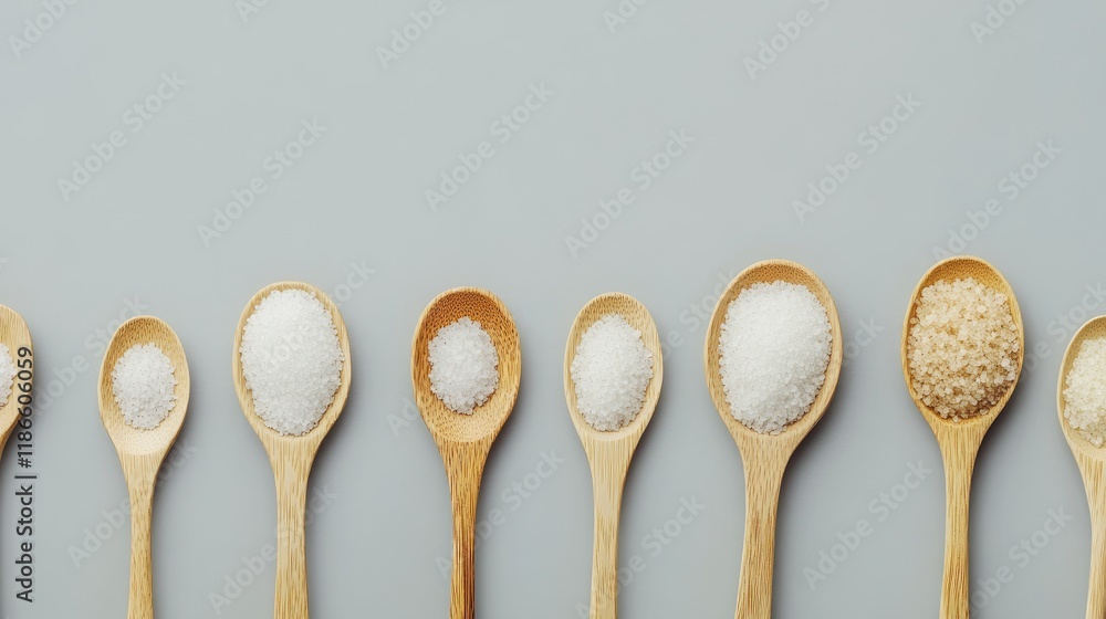 Poster different types of sea salt arranged in wooden spoons on a soft gray background with ample copy spac