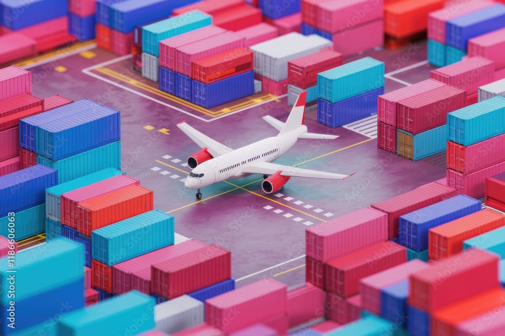 Poster airplane on tarmac surrounded by colorful shipping containers, symbolizing global trade and logistic
