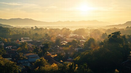 Golden Hour Serenity: A breathtaking panoramic view of a peaceful village nestled amidst rolling hills, bathed in the warm glow of sunrise. The tranquil scene evokes a sense of calm and inspiration.